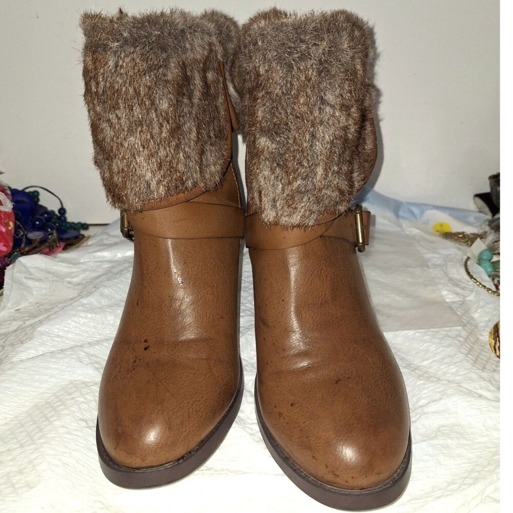 JustFab Women's Faux Fur Heeled Boots McKinley Style Brown Winter Fashion 11